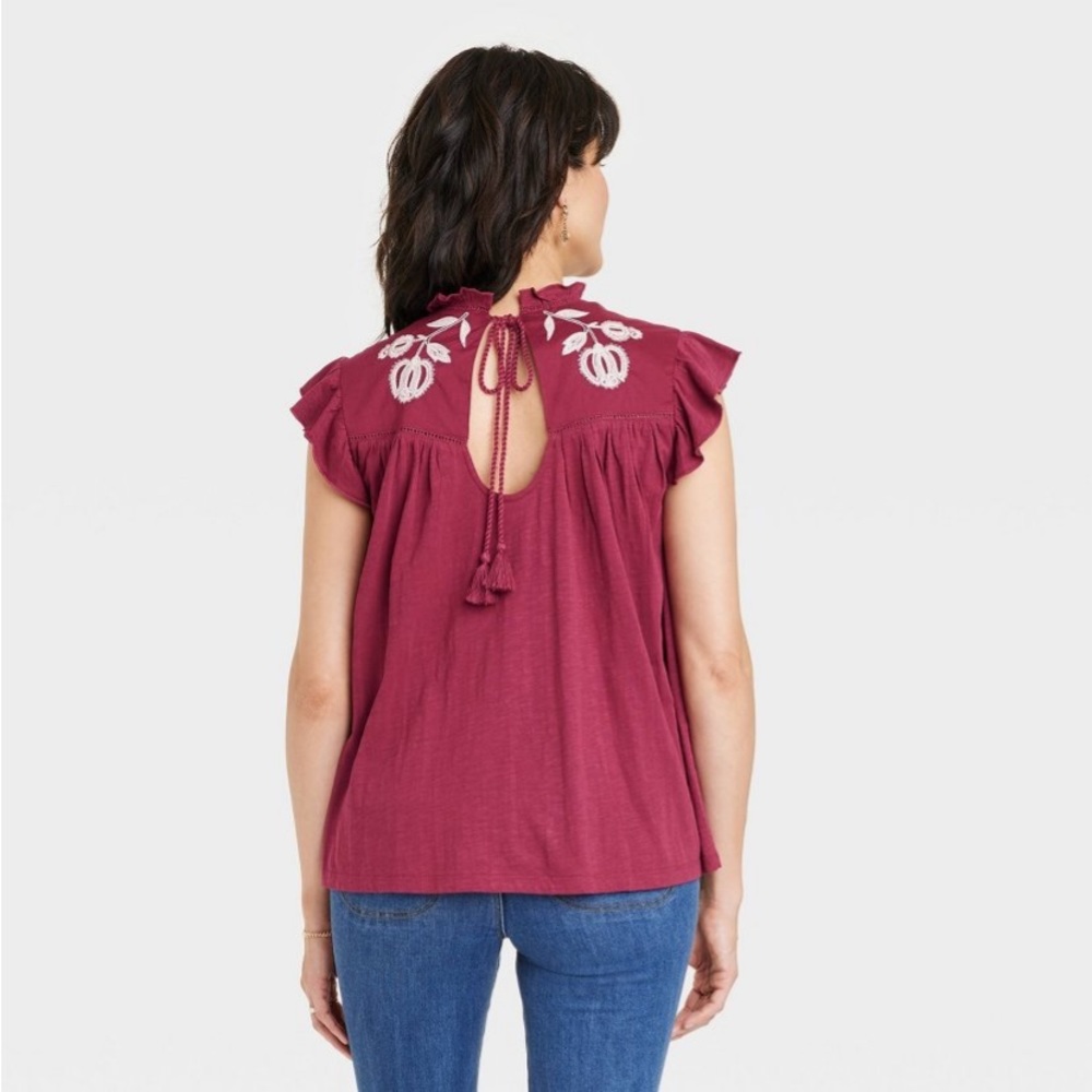 Flutter Sleeve Embroidered Top Blouse Knox Rose Red Purple Burgundy Floral NWT - Picture 2 of 8